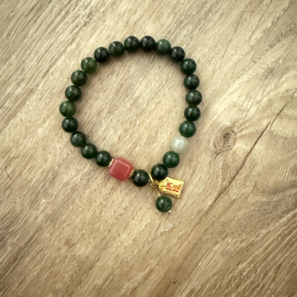 Natural Russian Siberian Nephrite Jasper Bracelet, 7.7mm with PinkAgate